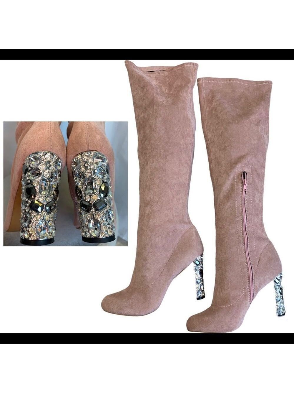 Faux Suede Over Knee Boots Rhinestone Block High Heel Stretch Thigh Boot pink 🔥
